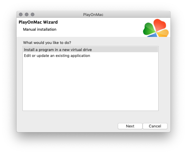 PlayOnMac - selección de nueva instalación o actualización